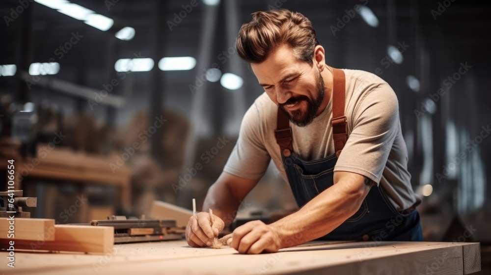 Poster male manual worker using plane while working on a wood in carpentry factory.
