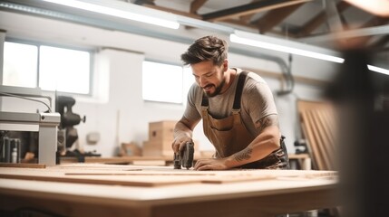 Male carpenter doing woodwork in carpentry factory. - obrazy, fototapety, plakaty