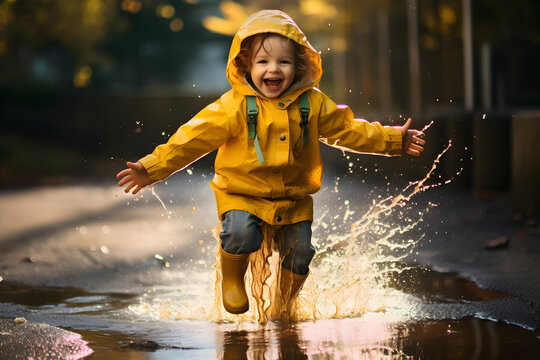 happy child jumping in puddle