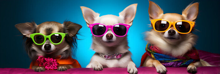 funny studio shot of 3 chihuahua dogs wearing colourful sunglasses