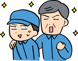 作業着のやる気のあるおじさんと困っている若い男性(上半身)