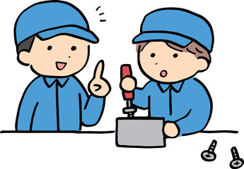 仕事を教えている・教わっている作業服の男性