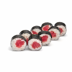 Traditional Japanese maki rolls with tuna on a white background.