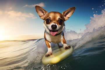 chihuahua dog wearing on a surfboard surfing an ocean wave