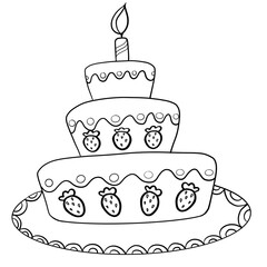 Line art black cake and strawberry icons set.