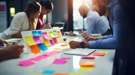 Close-up of sticky notes. Creative business team analyzing ideas during new project in the office.