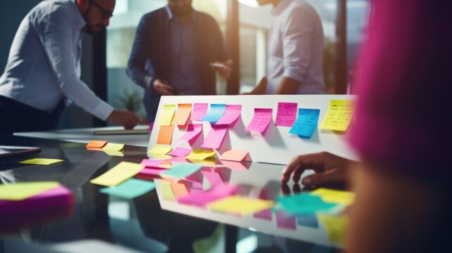 Close-up of sticky notes. Creative business team analyzing ideas during new project in the office.