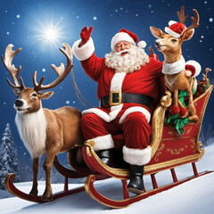 Santa Claus on a sleigh, led by reindeer, delivers gifts on a magical Christmas Eve journey, spreading holiday cheer