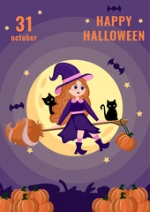 A Halloween greeting card. The witch is flying on a broom with a black cat and a pumpkin. Vector illustration