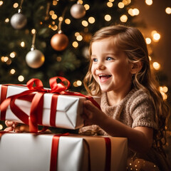 Obraz na płótnie Canvas A little girl with a Christmas gift sits beside a glowing Christmas tree at home, radiating the excitement and joy of Christmas Eve