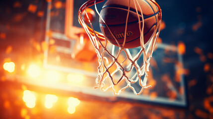 Basketball game ball in hoop - obrazy, fototapety, plakaty