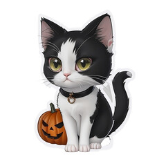 Black and white cat with pumpkin, Sticker cartoon cute Halloween cat  