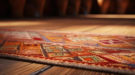 Fotobehang Close up of moroccan crafted carpet on a wooden floor. Selective focus. © Pro Hi-Res