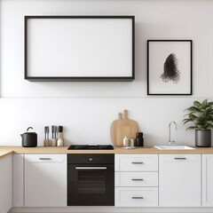 Contemporary white kitchen with blank picture frame
