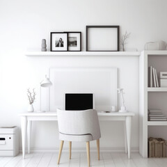 Cozy white study room with blank picture frame
