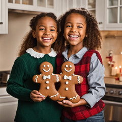 Two little African American girls on Christmas Eve, holding large gingerbread cookies, radiate holiday joy and delight