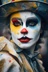 eine Frau mit bemalten Gesichtern und Clown-Make-up, mit intensiver Textur, von der Fantasie inspiriert, a woman with painted faces and clown makeup, with intense texture, inspired by fantasy, 