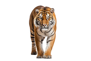 Portrait of Asia Bengal tiger that looking at camera isolated on clean png background, hunter in the forest, wildlife concept.