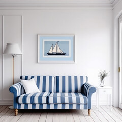  Nautical blue and white living room with blank
