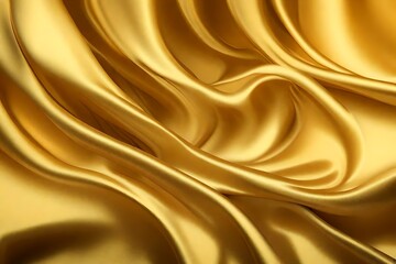 Closeup of rippled golden color satin fabric cloth texture background