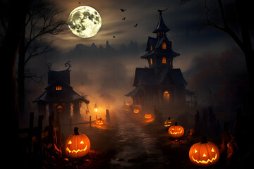 Fototapeta na wymiar scary spooky halloween season, monster skull and crossbones halloween witch with pumpkin, halloween and October background 