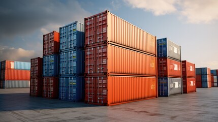 A wharf with many containers. Transportation Logistics of international container cargo shipping. Freight transportation, International global shipping.