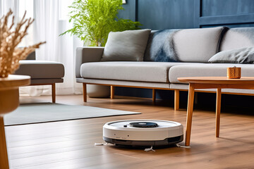 Modern robot vacuum cleaner working in room at home , Created with Generative Ai Technology