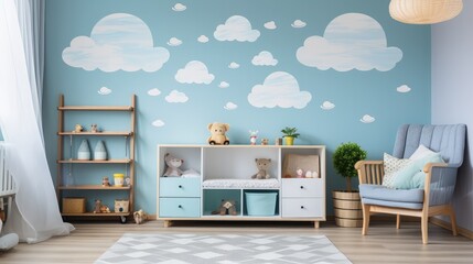 Children living room with furniture toys. Colorful playroom with toys children.