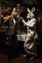 Zwei Hasen, die in Kleidung gekleidet sind, tanzen in einer Wirtschaft, Two rabbits dressed in clothes are dancing in an inn,