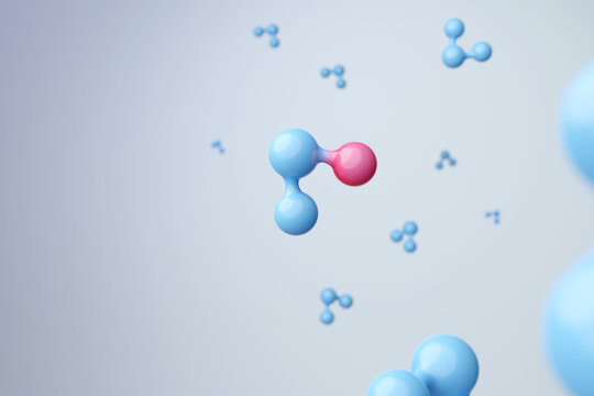 Tritium and water molecules 3D rendering.