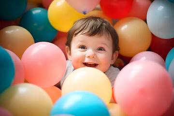 Little cute smiling toddler surrounded by lot of many colors balloons