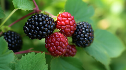 Black ripe and red ripening blackberries