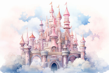 Princess Castle. Magic Pink Castle in the clouds. Fantasy world. Fairytale landscape. Cartoon Castle in the blue sky. Pink clouds. Flowers. Kingdom. Magic tower. Fairy city. Illustration for children