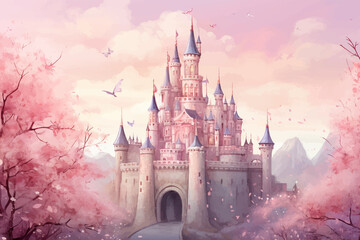 Princess Castle. Magic Pink Castle in the clouds. Fantasy world. Fairytale landscape. Cartoon Castle in the blue sky. Pink clouds. Flowers. Kingdom. Magic tower. Fairy city. Illustration for children