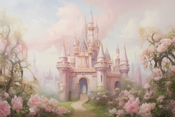 Princess Castle. Magic Pink Castle in the clouds. Fantasy world. Fairytale landscape. Cartoon Castle in the blue sky. Pink clouds. Flowers. Kingdom. Magic tower. Fairy city. Illustration for children