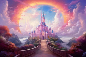 Foto op Canvas Princess Castle. Magic Pink Castle in the clouds. Fantasy world. Fairytale landscape. Cartoon Castle in the blue sky. Pink clouds. Flowers. Kingdom. Magic tower. Fairy city. Illustration for children © Zakhariya