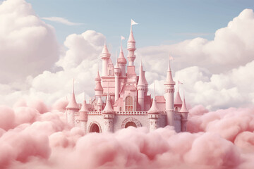 Princess Castle. Magic Pink Castle in the clouds. Fantasy world. Fairytale landscape. Cartoon Castle in the blue sky. Pink clouds. Flowers. Kingdom. Magic tower. Fairy city. Illustration for children