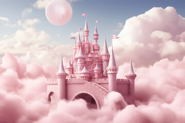Princess Castle. Magic Pink Castle in the clouds. Fantasy world. Fairytale landscape. Cartoon Castle in the blue sky. Pink clouds. Flowers. Kingdom. Magic tower. Fairy city. Illustration for children
