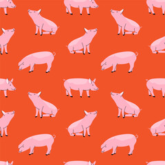 Pig pattern. Cute farm animals on red background. Hand drawn funny contemporary drawing. Decor textile, wrapping paper, wallpaper design. Print for fabric cartoon flat isolated vector illustration