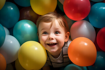 Fototapeta na wymiar Little cute smiling toddler surrounded by lot of many colors balloons