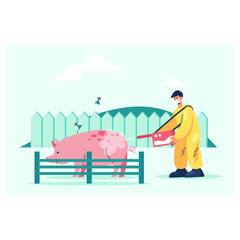 Naklejka premium Male in yellow uniform and respirator holding instrument and performing animal disinfection. Clean pig outside concept. Flat vector illustration in yellow and green colors in cartoon style