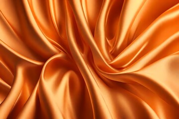 Closeup of rippled orange color satin fabric cloth texture background