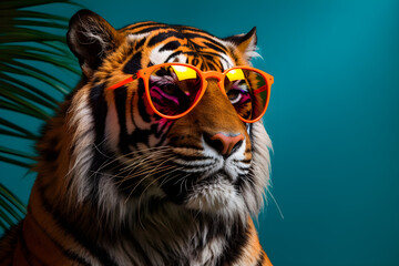 tiger wearing colourful sunglasses