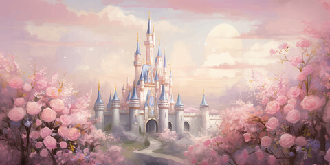 Princess Castle. Magic Pink Castle in the clouds. Fantasy world. Fairytale landscape. Cartoon Castle in the blue sky. Pink clouds. Flowers. Kingdom. Magic tower. Fairy city. Illustration for children
