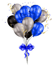 Glossy Happy Birthday Concept with Balloons isolated on transparent background. Vector Illustration white black blue