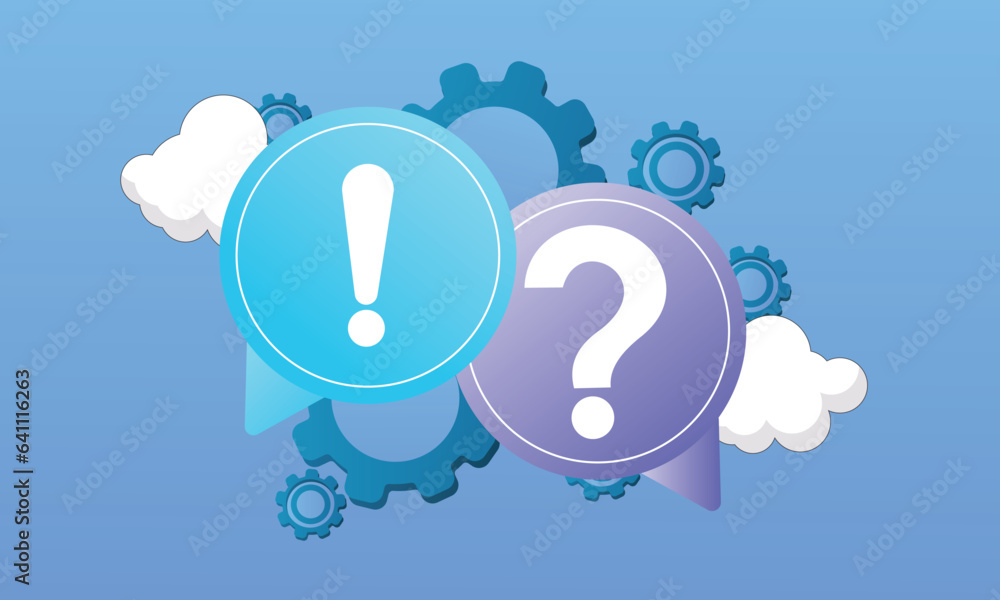 Poster bubble chat icons exclamation mark and question mark in cartoon style question concept.on blue backg