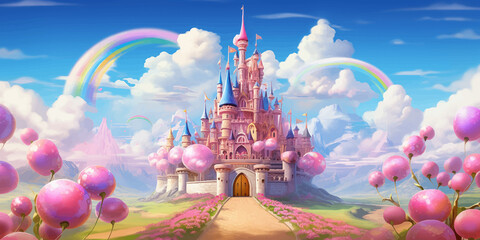 Princess Castle. Magic Pink Castle in the clouds. Fantasy world. Fairytale landscape. Cartoon Castle in the blue sky. Pink clouds. Flowers. Kingdom. Magic tower. Fairy city. Illustration for children