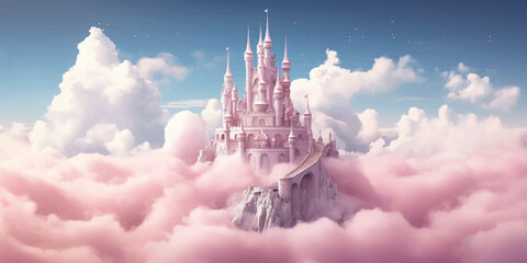 Princess Castle. Magic Pink Castle in the clouds. Fantasy world. Fairytale landscape. Cartoon Castle in the blue sky. Pink clouds. Flowers. Kingdom. Magic tower. Fairy city. Illustration for children
