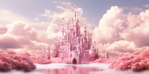 Princess Castle. Magic Pink Castle in the clouds. Fantasy world. Fairytale landscape. Cartoon Castle in the blue sky. Pink clouds. Flowers. Kingdom. Magic tower. Fairy city. Illustration for children