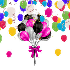 Birthday balloons with ribbons and confetti. Vector illustration.